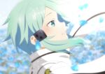  1girl blue_eyes blue_hair blurry blurry_background floating_hair from_side grin hair_ornament hairclip highres petals portrait profile scarf shiny shiny_hair short_hair_with_long_locks sidelocks sinon smile solo sword_art_online white_scarf yaato_(yamato99725444) 