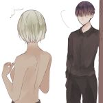  1boy 1girl ^^^ absurdres bangs black_pants black_shirt blonde_hair breasts collared_shirt dark-skinned_female dark_skin faceless faceless_male facing_another from_side hand_up highres looking_at_another mole mutsuki_tooru pants shirt short_hair sideboob simple_background small_breasts tokyo_ghoul tokyo_ghoul:re topless toukaairab urie_kuki white_background 