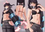  1girl baggy_pants bangs bikini black_bikini black_coat black_gloves breasts coat commentary en&#039;en_no_shouboutai eyebrows_visible_through_hair fiery_ears fiery_tail gloves grey_background grey_pants hair_between_eyes hip_vent iwbitu-sa large_breasts long_sleeves navel open_clothes open_coat pants shoulder_blades simple_background swimsuit tail tamaki_kotatsu twintails twitter_username white_background yellow_eyes 