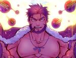  1boy bara bare_pectorals beard cigar ded_(tokyo_houkago_summoners) dog_tags facial_hair floating floating_object forked_eyebrows gun halo jacket jewelry looking_at_viewer male_focus mature_male muscular muscular_male necklace nipples open_clothes open_jacket pectorals santa_costume short_hair snowflakes solo tokyo_houkago_summoners touou upper_body weapon 