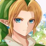  1boy bangs blonde_hair blue_eyes earrings face frown grey_background heart jewelry link looking_at_viewer male_focus multicolored multicolored_background parted_bangs pointy_ears portrait seri_(yuukasakura) signature solo the_legend_of_zelda the_legend_of_zelda:_ocarina_of_time translation_request 