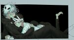  2boys ass bandages bangs black_background boy_on_top brown_hair danganronpa_(series) danganronpa_2:_goodbye_despair drooling from_side grey_background grey_hair highres hinata_hajime hood hood_down hug komaeda_nagito long_sleeves male_focus mask mask_on_head medium_hair multiple_boys mummy_costume shiny shiny_hair short_hair smile watase_(wataxx) yaoi 