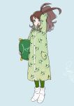  1girl alternate_costume arm_behind_head blush brown_hair buttons closed_mouth collared_dress commentary_request cushion dress full_body gen_5_pokemon green_dress green_legwear grey_background hagetapo high_ponytail hilda_(pokemon) holding_cushion long_hair pantyhose pokemon pokemon_(game) pokemon_bw serperior sidelocks solo standing 
