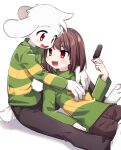  1boy 1other arm_support asriel_dreemurr bangs barefoot blush bob_cut brown_hair brown_pants chara_(undertale) fangs food furry furry_male gold_necklace green_shirt heart heart_necklace highres holding holding_food leftporygon long_sleeves looking_at_another medium_hair multicolored_shirt open_mouth orange_eyes pants popsicle red_eyes shirt simple_background skin_fangs smile swept_bangs tail tareme teeth tsurime turtleneck undertale white_background white_fur yellow_shirt 