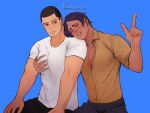  2boys alternate_pectoral_size bangs bara black_eyes black_hair blush buzz_cut couple dark-skinned_male dark_skin facial_hair goatee golden_kamuy grabbing head_on_another&#039;s_shoulder highres koito_otonoshin large_pectorals male_focus multiple_boys muscular muscular_male parted_bangs partially_unbuttoned pectoral_cleavage pectoral_grab pectorals piika_(piikassoup) shirt short_hair sideburns smile stubble tsukishima_hajime very_short_hair white_shirt 