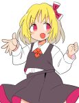  1girl bangs black_skirt black_vest blonde_hair blush collar collared_shirt eyebrows_visible_through_hair hair_between_eyes hair_ribbon hands_up ini_(inunabe00) long_sleeves looking_to_the_side necktie open_mouth orange_neckwear pink_eyes red_ribbon ribbon rumia shirt short_hair simple_background skirt smile solo touhou vest white_background white_shirt white_sleeves 