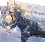  1boy animal_ears artist_name bow cat_ears couch formal frilled_sleeves frills grey_hair identity_v joseph_desaulniers long_hair long_sleeves lying mini_photographer open_mouth ribbon sleeping solo suit tail white_hair white_tail yellow_bow yellow_neckwear 