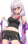  1girl absurdres bare_shoulders black-framed_eyewear black_choker black_shirt black_shorts breasts choker collarbone cowboy_shot crop_top eyebrows_visible_through_hair fate/grand_order fate_(series) glasses heroic_spirit_tour_outfit highres jacket kama_(fate) long_hair long_sleeves looking_at_viewer medium_breasts midriff navel off_shoulder open_clothes open_jacket parted_lips purple_jacket red_eyes shirt short_shorts shorts sleeveless sleeveless_shirt solo suiroh_(shideoukami) sweat white_hair 