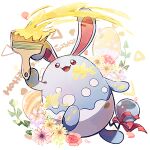  :d azumarill brown_eyes commentary_request easter egg flower gen_2_pokemon happy_easter holding holding_paintbrush leaf looking_up nao_(naaa_195) no_humans open_mouth paint paintbrush pokemon pokemon_(creature) red_ribbon ribbon smile solo tongue 