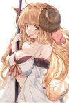  1girl :d absurdres ahoge anila_(granblue_fantasy) bangs bikini blonde_hair blush breasts cleavage collarbone commentary_request detached_sleeves draph eyebrows_visible_through_hair granblue_fantasy highres horns kutar22 large_breasts long_hair long_sleeves looking_at_viewer open_mouth red_ribbon ribbon sheep_horns short_eyebrows simple_background smile solo swimsuit thick_eyebrows upper_body upper_teeth very_long_hair white_background white_bikini yellow_eyes 