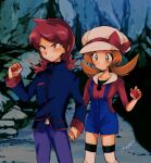  1boy 1girl absurdres amayu_(amaamailust) blue_jacket blue_overalls bow brown_eyes brown_hair cabbie_hat closed_mouth commentary_request frown hat hat_bow highres holding holding_hands holding_poke_ball jacket long_hair lyra_(pokemon) pants poke_ball poke_ball_(basic) pokemon pokemon_(game) pokemon_hgss purple_pants red_bow red_eyes red_hair red_shirt shirt signature silver_(pokemon) standing thighhighs twintails white_headwear white_legwear 