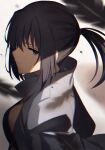  1girl 428 absurdres alphard bangs black_eyes black_hair canaan closed_mouth coat from_side grey_coat hair_between_eyes highres long_hair looking_to_the_side okakasushi ponytail solo upper_body 