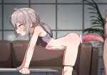  1boy 1girl absurdres all_fours ass bangs bar_censor bare_shoulders blush bra breasts censored couch dark_skin erection eyebrows_visible_through_hair from_side girls&#039;_frontline grey_hair hair_between_eyes heavy_breathing hetero highres huge_penis imminent_penetration imminent_vaginal indoors just_the_tip light_purple_eyes m200_(girls&#039;_frontline) male_pubic_hair open_mouth panties panty_pull penis pointless_censoring ponytail pubic_hair pussy pussy_juice pussy_juice_trail small_breasts solo_focus speech_bubble steam sweat testicles textless underwear underwear_only wagashi_(dagashiya) 