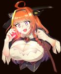  +_+ 1girl :d ahoge black_background braid breasts brooch cleavage cleavage_cutout clothing_cutout dirty dirty_face fang gradient_hair hairband holding_gemstone holding_pickaxe hololive horns huge_breasts jewelry kiryu_coco long_hair multicolored_hair open_mouth orange_hair red_eyes side_braid simple_background skin_fang smile solo streaked_hair sweat upper_body wakamesan 