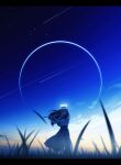  1girl absurdres bangs black_hair closed_eyes eyebrows_visible_through_hair flute grass halo highres instrument long_hair long_skirt long_sleeves moon music nengoro new_moon original playing_flute playing_instrument shirt shooting_star signature skirt solo star_(sky) 