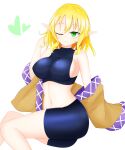  bangs black_bra black_shorts blonde_hair bra breasts brown_jacket clothes_removed green_eyes heart highres jacket medium_breasts mizuhashi_parsee multicolored multicolored_clothes multicolored_jacket navel one_eye_closed pointy_ears short_hair shorts shunki simple_background sports_bra thick_thighs thighs touhou underwear white_background 