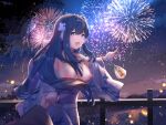  1girl 1other :d arknights astesia_(arknights) bangs blue_eyes blue_hair breasts breasts_outside chinese_commentary commentary_request exhibitionism eyebrows_visible_through_hair fireworks holding holding_hands index_finger_raised japanese_clothes kimono large_breasts lingshalan long_sleeves looking_at_viewer night nipples open_clothes open_kimono open_mouth out_of_frame outdoors pointing pov purple_hair purple_kimono railing red_hair simple_background smile solo_focus upper_body wide_sleeves 