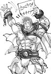  1boy abs bara bare_pectorals blush bulge chest_harness cross_scar facial_hair feet_out_of_frame flaming_eye goatee greyscale harness hercules_(tokyo_houkago_summoners) highres holding holding_sign kizami_nori_to_yamaimo loincloth long_sideburns looking_at_viewer male_focus mature_male monochrome muscular muscular_male nipples pectorals scar scar_on_chest short_hair sideburns sign sketch solo stomach thick_thighs thighs tokyo_houkago_summoners translation_request unfinished 