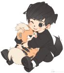  1boy animal_ears bangs black_eyes black_footwear black_hair black_pants black_shirt blush dog_boy dog_ears dog_nose dog_tail earrings gen_1_pokemon growlithe hug jewelry long_sleeves one_eye_closed open_mouth original pants pokemon pokemon_(creature) ryota_(ry_o_ta) shirt shoes short_hair signature simple_background sitting smile socks solo tail watch white_background white_legwear wristwatch 