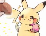  1other :i ^^^ brown_eyes closed_mouth commentary_request eating food food_on_face gen_1_pokemon holding looking_at_object looking_to_the_side nao_(naaa_195) pikachu pokemon pokemon_(creature) white_background 
