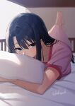  1girl bangs barefoot bed_sheet black_hair blue_eyes blush eyebrows_visible_through_hair hair_between_eyes highres kara_no_kyoukai kokutou_azaka long_hair looking_at_viewer lying object_hug okakasushi on_stomach pajamas pillow pillow_hug pink_shirt shiny shiny_hair shirt short_sleeves solo straight_hair twitter_username under_covers 