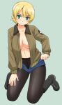  1girl alternate_eye_color bangs black_footwear black_legwear blonde_hair blue_shorts blush bomber_jacket boots braid breasts breasts_apart brown_jacket collarbone cosplay darjeeling_(girls_und_panzer) denim denim_shorts eyebrows_visible_through_hair girls_und_panzer green_background green_eyes hair_between_eyes hand_on_hip hand_on_own_thigh jacket kay_(girls_und_panzer) kay_(girls_und_panzer)_(cosplay) kneeling long_sleeves looking_at_viewer no_bra no_shirt open_clothes open_jacket pantyhose short_hair short_shorts shorts smile swept_bangs thighs unzipped uona_telepin 