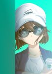  1girl aqua_background baseball_cap brown_hair closed_mouth collarbone green_eyes haibara_ai hat highres holding looking_to_the_side meitantei_conan shirt short_hair solo sooma4869 sunglasses white_headwear white_shirt 