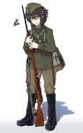  1girl aht bayonet black_eyes black_footwear black_hair bolt_action boots brown_pants full_body green_headwear green_jacket gun highres jacket long_sleeves military military_uniform mmmn540d88 mosin-nagant original pants red_army rifle solo soviet uniform weapon world_war_ii 