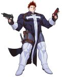  1boy alternate_costume alternate_weapon bara beard blue_bodysuit blue_eyes bodysuit boku_no_hero_academia boots bulge covered_abs dual_wielding endeavor_(boku_no_hero_academia) facial_hair full_body gun harness holding holding_gun holding_weapon koooogasya large_pectorals looking_at_viewer male_focus mature_male muscular muscular_male pectorals pelvic_curtain red_hair scar scar_across_eye sheath sheathed short_hair sideburns solo spiked_hair stubble sword thick_thighs thigh_boots thighhighs thighs weapon white_background 