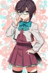  1girl absurdres black_hair blue-framed_eyewear bow bowtie dress glasses green_eyes highres kanmiya_shinobu kantai_collection long_sleeves multicolored_hair okinami_(kancolle) pink_hair school_uniform short_hair sleeveless sleeveless_dress solo thigh_strap thighhighs 