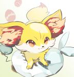  azumarill closed_mouth commentary_request cushion fennekin gen_2_pokemon gen_6_pokemon looking_up nao_(naaa_195) no_humans orange_eyes pokemon pokemon_(creature) smile solo themed_object yellow_fur 