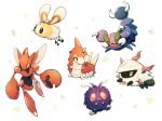  brown_eyes claws closed_eyes commentary_request cutiefly flying gen_1_pokemon gen_2_pokemon gen_3_pokemon gen_4_pokemon gen_5_pokemon gen_7_pokemon larvesta nao_(naaa_195) no_humans open_mouth pincers pokemon pokemon_(creature) scizor skorupi smile spikes tongue venonat wurmple yellow_eyes 