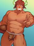  1boy abs american_football_(object) animal_ears ball bara blush brown_eyes brown_hair brown_male_underwear bulge cow_boy cow_ears cow_horns dark-skinned_male dark_skin darlton facial_hair facial_mark feet_out_of_frame fiery_horns forked_eyebrows glowing_horns goatee grin holding holding_ball horns jockstrap large_pectorals looking_at_viewer male_focus male_pubic_hair male_underwear muscular muscular_male navel nipples pectorals plump print_male_underwear pubic_hair pubic_hair_peek rugby_underwear short_hair smile solo spiked_hair stomach thick_eyebrows thick_thighs thighs tokyo_houkago_summoners underwear underwear_only v wakan_tanka 
