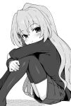  1girl aisaka_taiga blush closed_mouth feet_out_of_frame from_side greyscale highres hugging_own_legs long_hair looking_at_viewer looking_to_the_side miniskirt monochrome no_shoes shirt simple_background skirt smile solo thighhighs toradora! wagashi_(dagashiya) white_background 