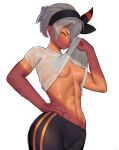  1girl abs bangs bea_(pokemon) black_hairband bow_hairband breasts closed_eyes closed_mouth clothes_lift dark_skin eyelashes grey_hair hair_between_eyes hairband hand_on_hip highres leggings lifted_by_self mon_eree muscular muscular_female navel no_bra pokemon pokemon_(game) pokemon_swsh shirt shirt_lift short_hair short_sleeves simple_background solo sweat t-shirt toned wet wet_clothes wet_shirt white_background wiping_sweat 