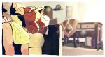  1girl blurry border cat chair closed_eyes closed_mouth commentary_request couch cushion desk gen_3_pokemon headpat highres indoors nao_(naaa_195) pokemon pokemon_(creature) sitting skitty smile standing white_border 