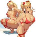  1girl ass bangs bare_shoulders bikini blonde_hair blue_eyes blush breasts cleavage collarbone covered_nipples flower granblue_fantasy hair_intakes hibiscus highres large_breasts long_hair looking_at_viewer multiple_views navel open_mouth red_bikini sakanaaj1 smile squatting strap_gap swimsuit tan thighs tongue tongue_out twintails zeta_(granblue_fantasy) 