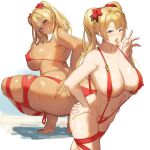  1girl absurdres areola_slip areolae ass bangs bare_shoulders blonde_hair blue_eyes blush breasts cleavage collarbone covered_nipples flower granblue_fantasy hair_intakes hibiscus highres large_breasts long_hair looking_at_viewer multiple_views navel open_mouth red_swimsuit sakanaaj1 slingshot_swimsuit smile squatting strap_gap swimsuit tan thighs tongue tongue_out twintails zeta_(granblue_fantasy) 