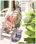  blurry brown_eyes building commentary day fence gen_1_pokemon gen_5_pokemon highres leaf nao_(naaa_195) no_humans open_mouth outdoors pokemon pokemon_(creature) smile stairs standing vulpix window zorua 