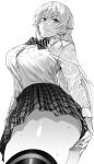  1girl ass blush bow bowtie breasts collared_shirt daraz18aka greyscale highres large_breasts long_hair looking_at_viewer monochrome nakiri_erina school_uniform shirt shokugeki_no_souma simple_background skirt solo thighhighs thighs wet wet_clothes white_background 