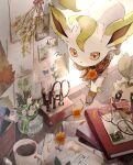  book commentary_request cup flower gen_2_pokemon gen_4_pokemon glasses indoors leafeon liquid mouth_hold mug nao_(naaa_195) no_humans orange_eyes orange_flower pencil photo_(object) plant pokemon pokemon_(creature) pot scissors signature sunkern 