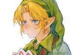  1boy artist_name bangs baomianzi blonde_hair blue_eyes blush frown green_headwear green_shirt highres link parted_bangs pointy_ears portrait shiny shiny_hair shirt short_hair simple_background solo the_legend_of_zelda white_background 