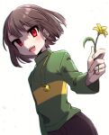  1other bangs blush bob_cut brown_hair brown_pants chara_(undertale) cowboy_shot dutch_angle eyebrows_visible_through_hair flower gold_necklace green_shirt hand_up heart heart_necklace highres holding holding_flower leftporygon long_sleeves looking_at_viewer multicolored_shirt open_mouth pants red_eyes shirt short_hair simple_background smile solo swept_bangs turtleneck undertale upper_teeth white_background yellow_flower yellow_shirt 