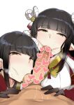  2girls :&gt;= bangs black_gloves black_hair blunt_bangs blush eyeshadow fewer_digits ffm_threesome gloves green_eyes group_sex hair_ornament hetero hinoa long_hair long_sleeves looking_at_viewer makeup minoto monster_hunter_(series) monster_hunter_rise multiple_girls oral penis pointy_ears pov pov_crotch rope shimaidon_(sex) shimenawa siblings simple_background sisters stray_pubic_hair testicle_sucking threesome wakamesan white_background 