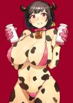  1girl animal_print bell belt_collar bikini bottle breasts bright_pupils brown_hair collar colored_skin covered_nipples cow_horns cow_print cowbell cowboy_shot ear_tag gloves grin hands_up highres holding holding_bottle horns large_breasts looking_at_viewer medium_hair milk_bottle multicolored multicolored_skin navel original pink_bikini pink_gloves red_background red_eyes simple_background smile solo swimsuit two-tone_skin wakamesan white_pupils 