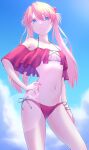  1girl absurdres bangs bikini blue_eyes blue_ribbon blue_sky blurry blurry_background bracelet breasts cleavage cloud collarbone cowboy_shot crown groin hair_between_eyes hand_on_hip headgear highres jewelry ka_ki_o lens_flare long_hair looking_at_viewer navel neon_genesis_evangelion pink_hair red_bikini revealing_clothes ribbon side-tie_bikini sky small_breasts solo souryuu_asuka_langley standing swimsuit twintails very_long_hair 