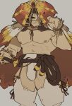  1boy abs absurdres aknosom aknosom_(armor) bara bare_pectorals bulge clothing_cutout crotchless crotchless_pants excessive_pubic_hair feet_out_of_frame flat_color hat_over_one_eye highres large_pectorals looking_at_viewer male_focus male_pubic_hair mature_male monster_hunter_(series) muscular muscular_male nipples orange_eyes pants pectorals personification pubic_hair revealing_clothes ruisselait sheath sheathed short_hair slit_pupils smile solo stomach sword thick_thighs thigh_cutout thighs weapon white_pants 