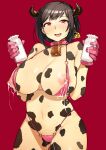 1girl animal_print bell belt_collar bikini blush bottle breasts bright_pupils brown_hair collar colored_skin cow_horns cow_print cowbell cowboy_shot ear_tag gloves half-closed_eyes hands_up heart heart-shaped_pupils highres holding holding_bottle horns lactation large_breasts medium_hair milk_bottle multicolored multicolored_skin navel nipples original parted_lips pink_bikini pink_gloves red_background red_eyes simple_background smile solo swimsuit symbol-shaped_pupils tongue tongue_out torogao two-tone_skin wakamesan white_pupils 