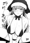  1girl bikini blush bow bowtie breasts content_rating copyright_request greyscale half-closed_eyes hat highres large_breasts looking_at_viewer monochrome navel parted_lips santa_hat simple_background solo squatting sweat swimsuit thighhighs wakamesan white_background 