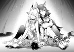  2girls ahoge animal_ear_fluff animal_ears asymmetrical_legwear boots bow braid breasts collar commentary commission crown curtains english_commentary fox_ears fox_girl gloves greyscale hair_bow hololive hololive_idol_uniform kamejikiriga long_hair medium_breasts mini_crown miniskirt mismatched_legwear monochrome multiple_girls ookami_mio shirakami_fubuki side_braid skirt sleeping smile tail thighhighs virtual_youtuber wolf_ears wolf_girl wolf_tail wrist_cuffs 